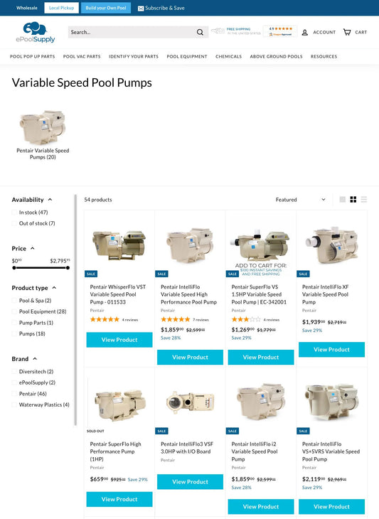 Product grid section of epoolsupply.com collection page