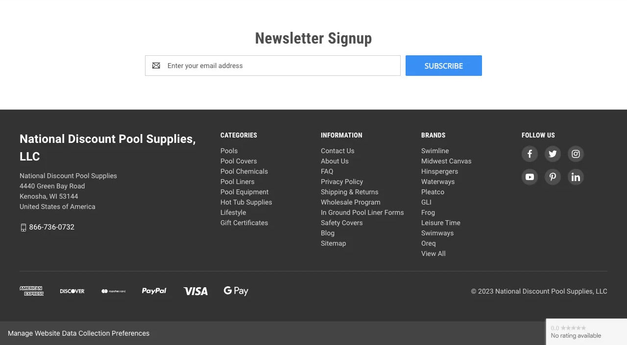 Footer section of nationaldiscountpoolsupplies.com collection page