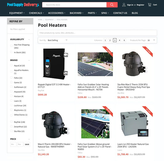 Product grid section of poolsupplydelivery.com collection page