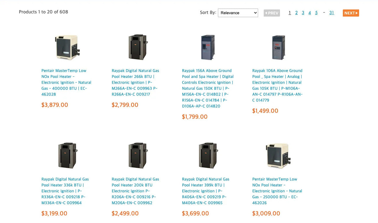 Product grid section of poolsupplyunlimited.com collection page