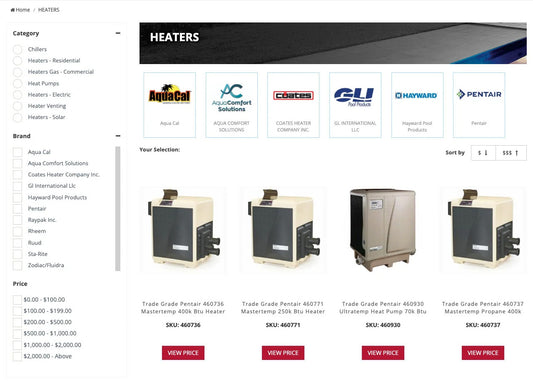 Product grid section of wholesalepoolequipment.com collection page