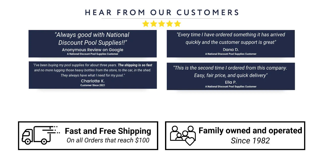 Customer store reviews section of nationaldiscountpoolsupplies.com homepage