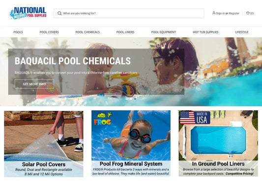 Hero and megamenu section of nationaldiscountpoolsupplies.com homepage