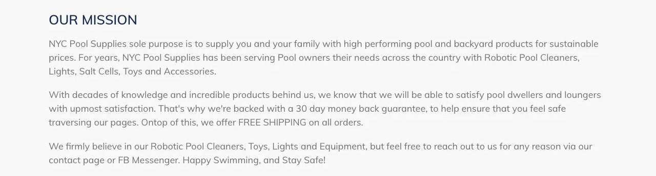 About us section of nycpoolsupplies.com homepage