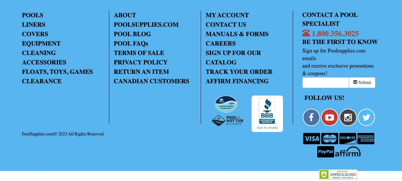 Footer section of poolsupplies.com homepage