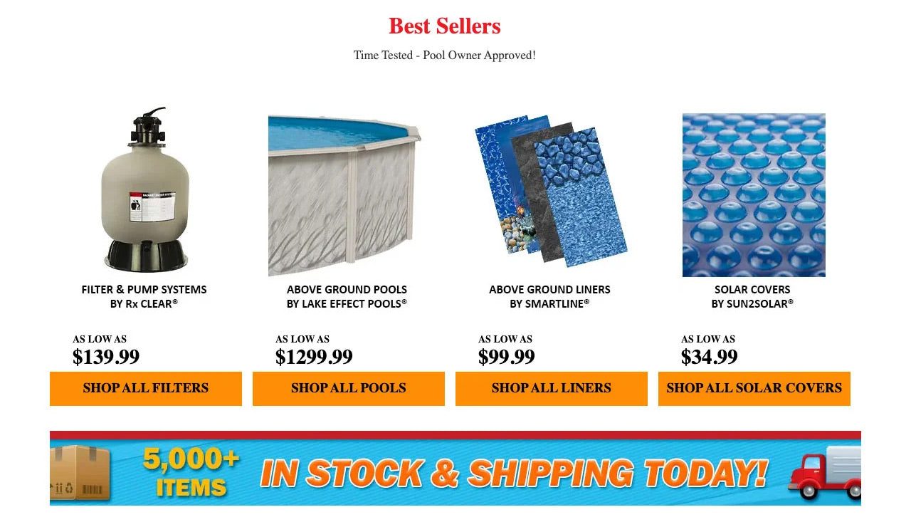 Product grid section of poolsupplies.com homepage