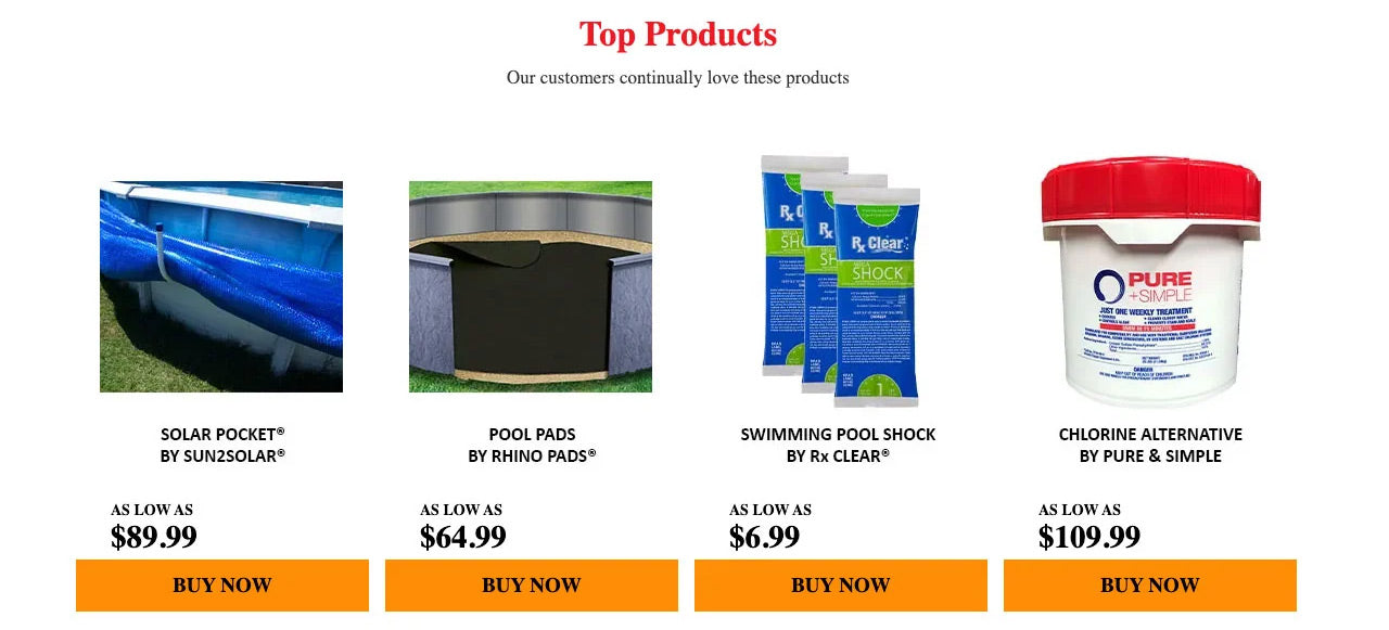 Product grid section of poolsupplies.com homepage