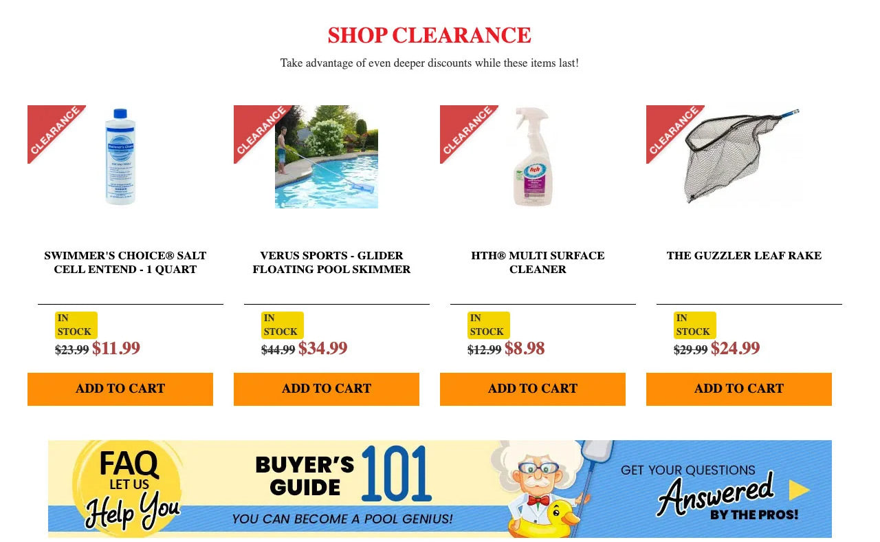 Promo deals section of poolsupplies.com homepage