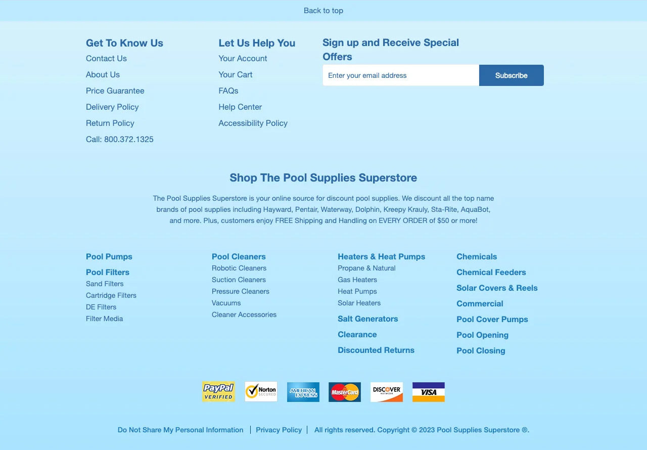 Footer section of poolsuppliessuperstore.com homepage