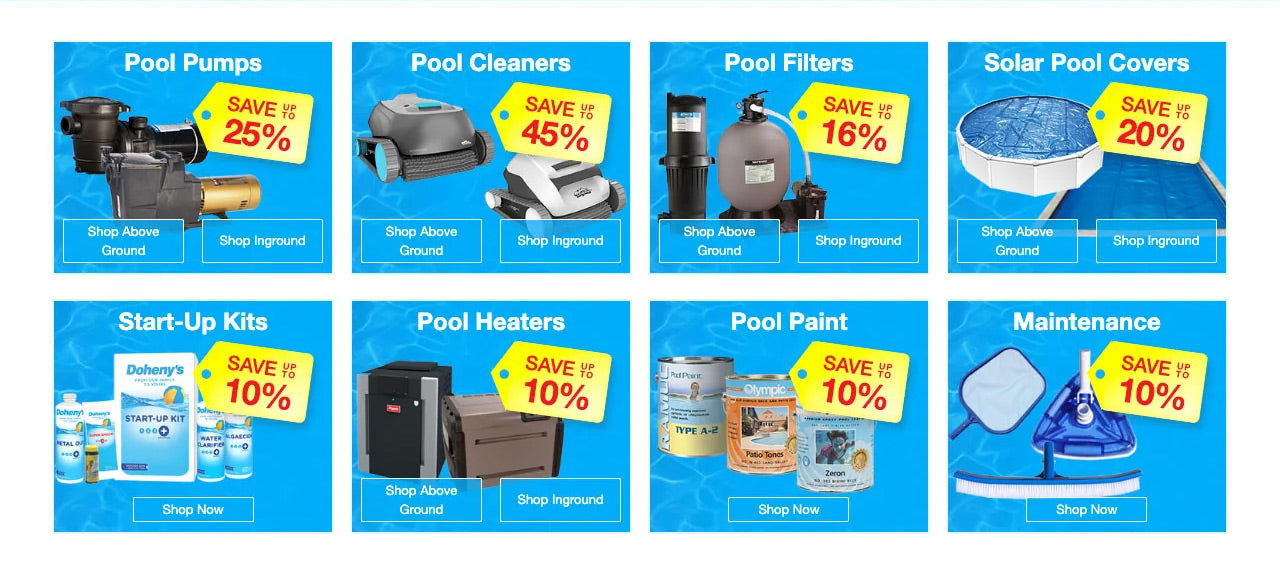 Promo deals section of poolsuppliessuperstore.com homepage