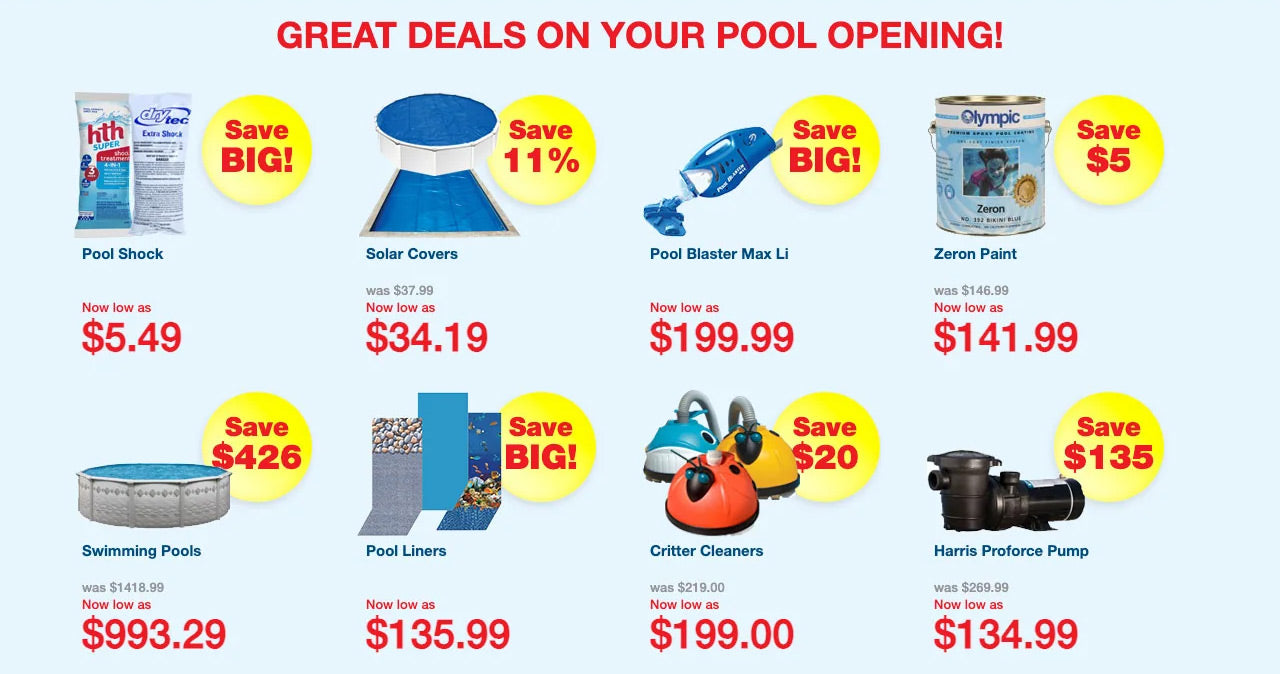 Promo deals section of poolsuppliessuperstore.com homepage