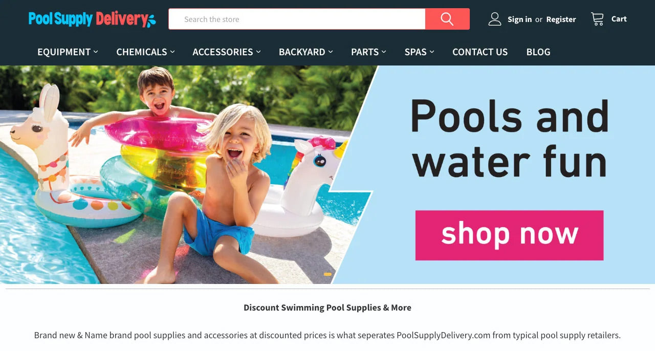 Hero and megamenu section of poolsupplydelivery.com homepage