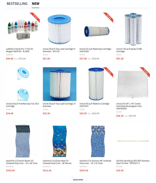 Product grid section of poolsupplydelivery.com homepage