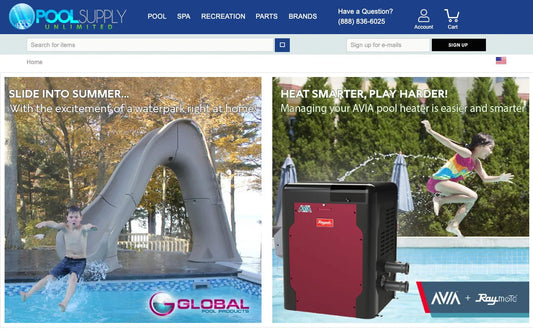 Hero and megamenu section of poolsupplyunlimited.com homepage