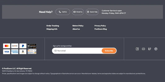 Footer section of poolzoom.com homepage
