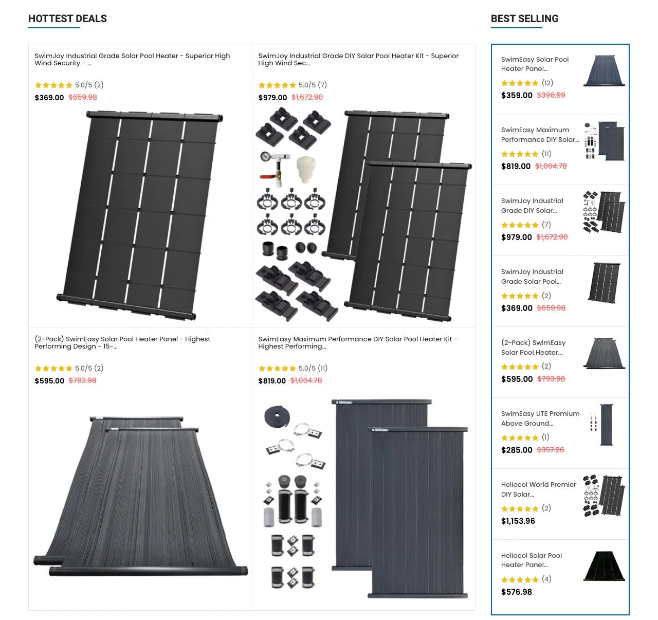 Product grid section of solarpoolsupply.com homepage