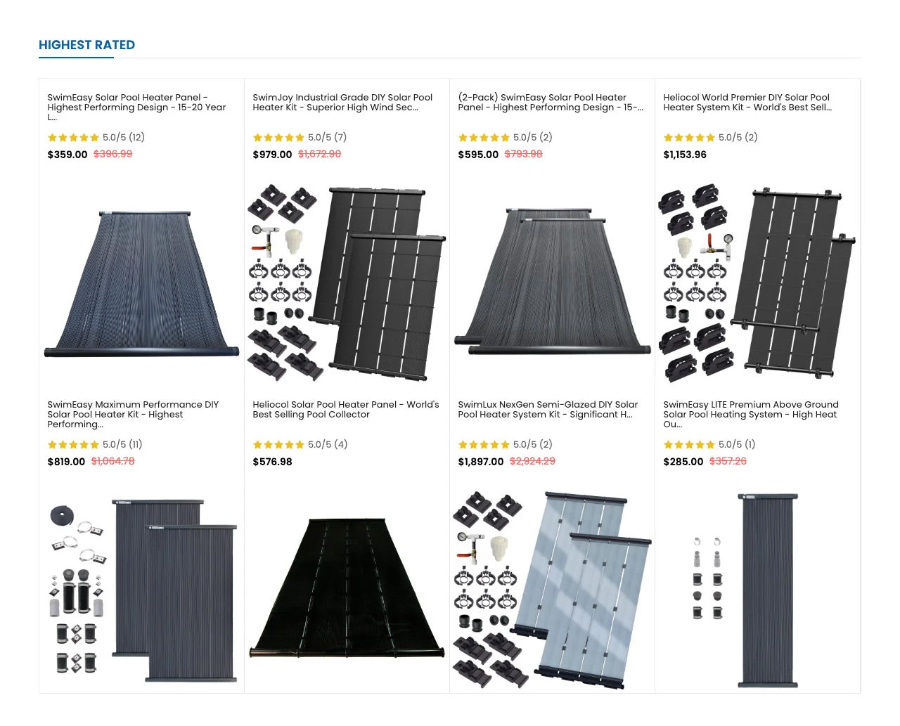 Product grid section of solarpoolsupply.com homepage