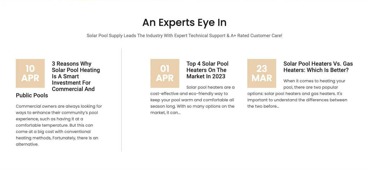 Seo related content section of solarpoolsupply.com homepage