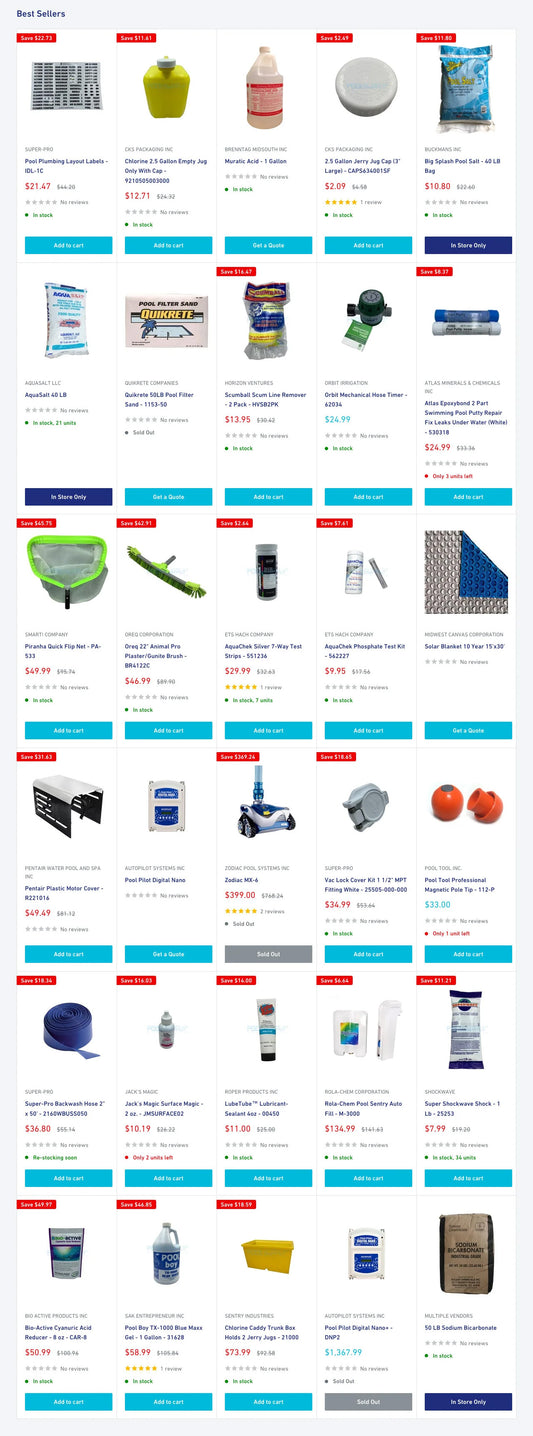 Best sellers section of thepoolsupplywarehouse.com homepage