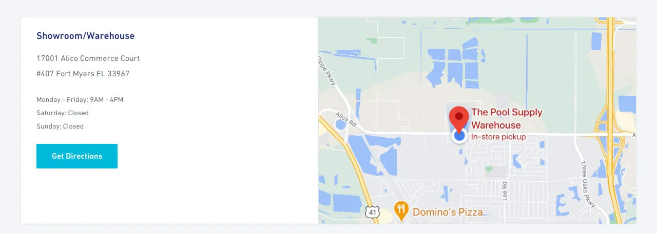 Store location map section of thepoolsupplywarehouse.com homepage