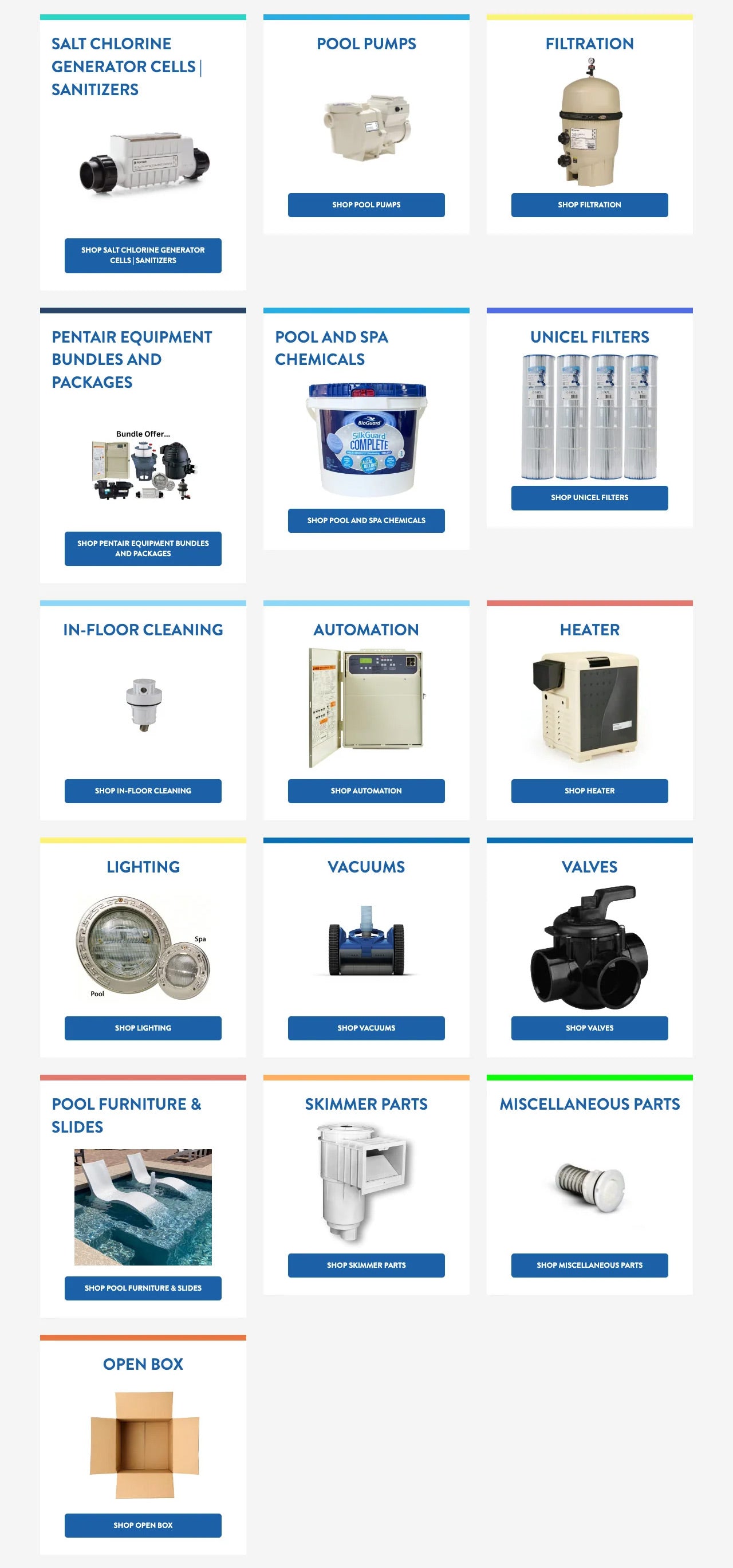 Categories navigation section of tspoolsupply.com homepage