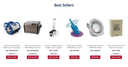 Best sellers section of wholesalepoolequipment.com homepage