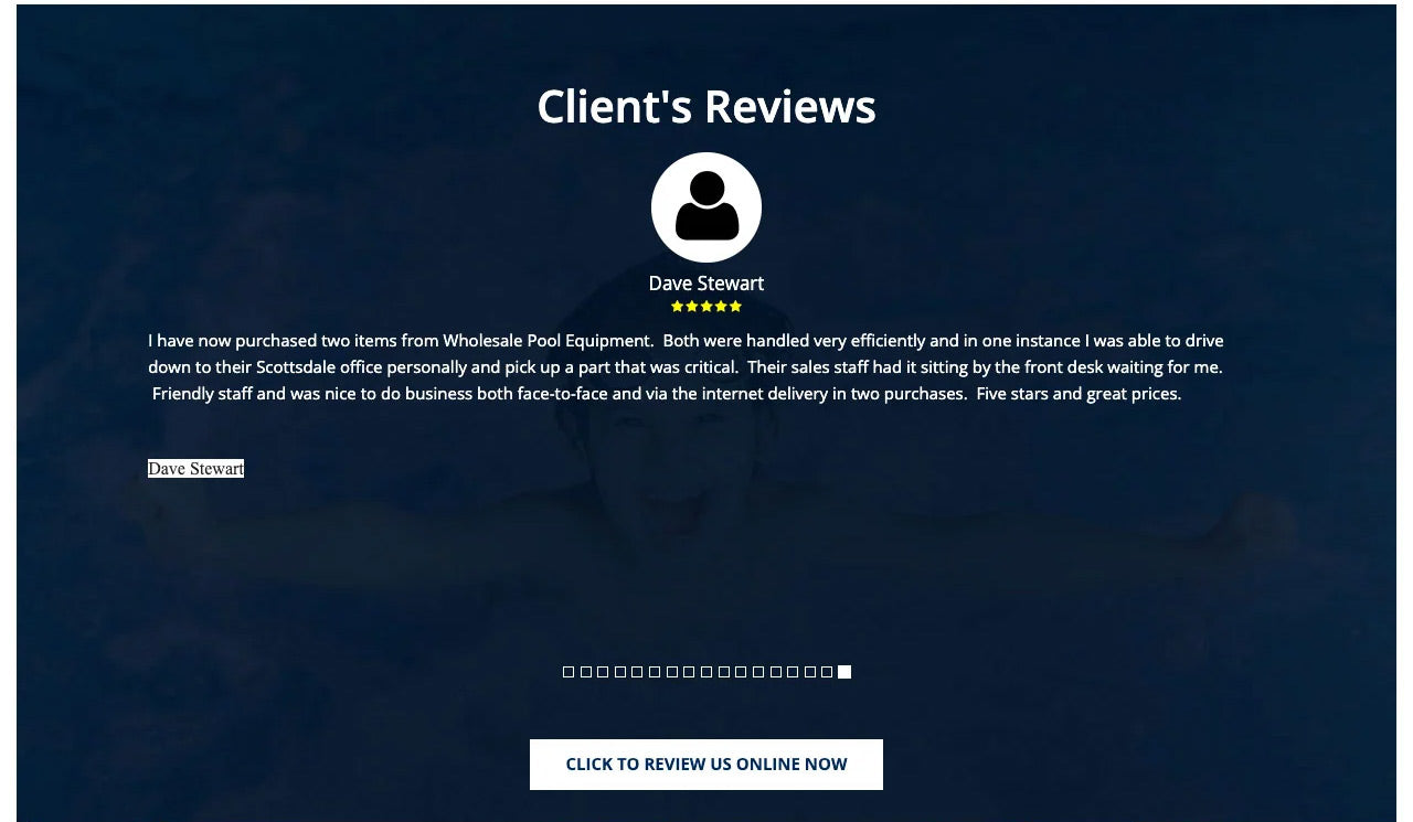 Customer store reviews section of wholesalepoolequipment.com homepage