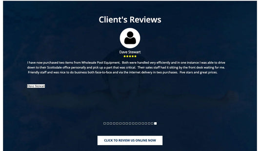 Customer store reviews section of wholesalepoolequipment.com homepage