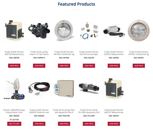 Featured products section of wholesalepoolequipment.com homepage