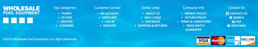 Footer section of wholesalepoolequipment.com homepage