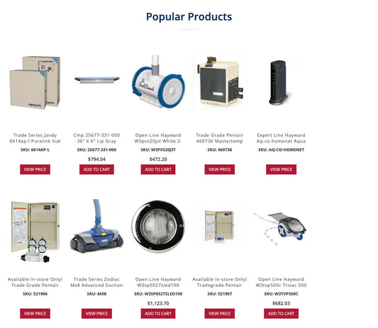 Popular products section of wholesalepoolequipment.com homepage