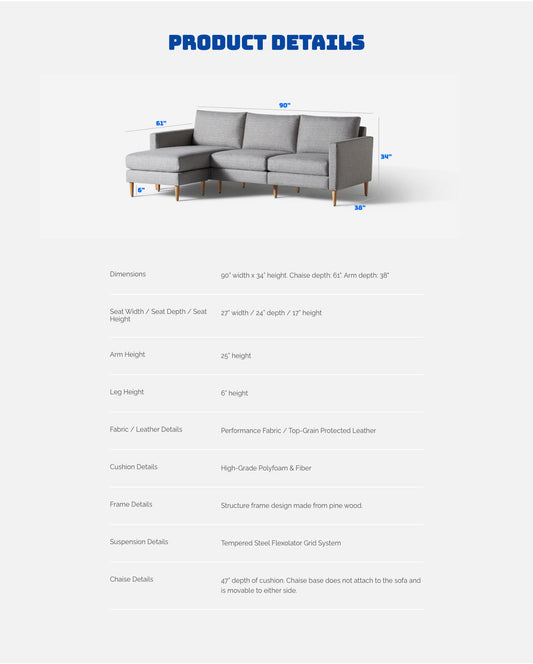 Product Technical Specs and Dimensions Section on furniture store Product Details Page