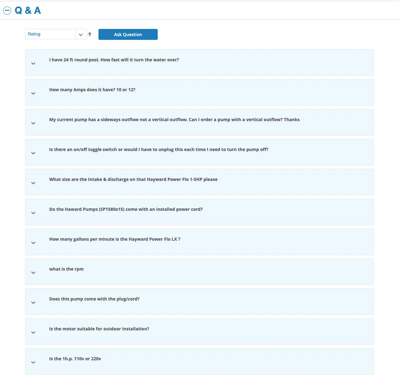 Faq section of doheny.com product details page