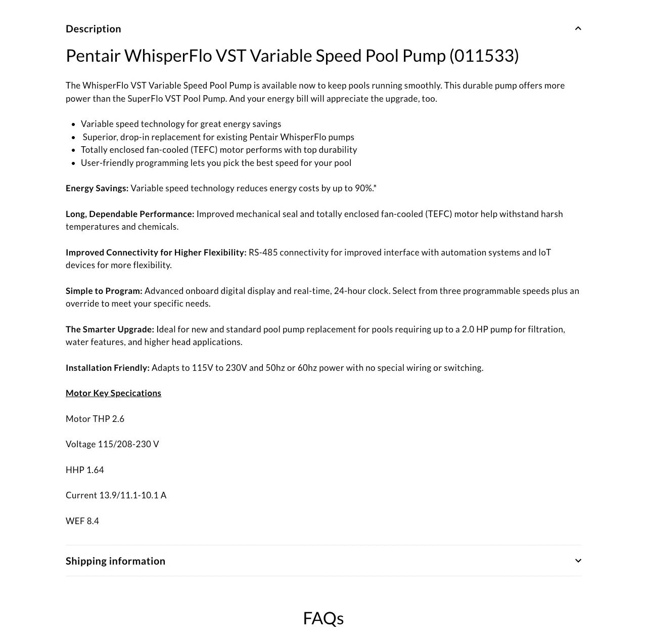 Extended product details content section of epoolsupply.com product details page