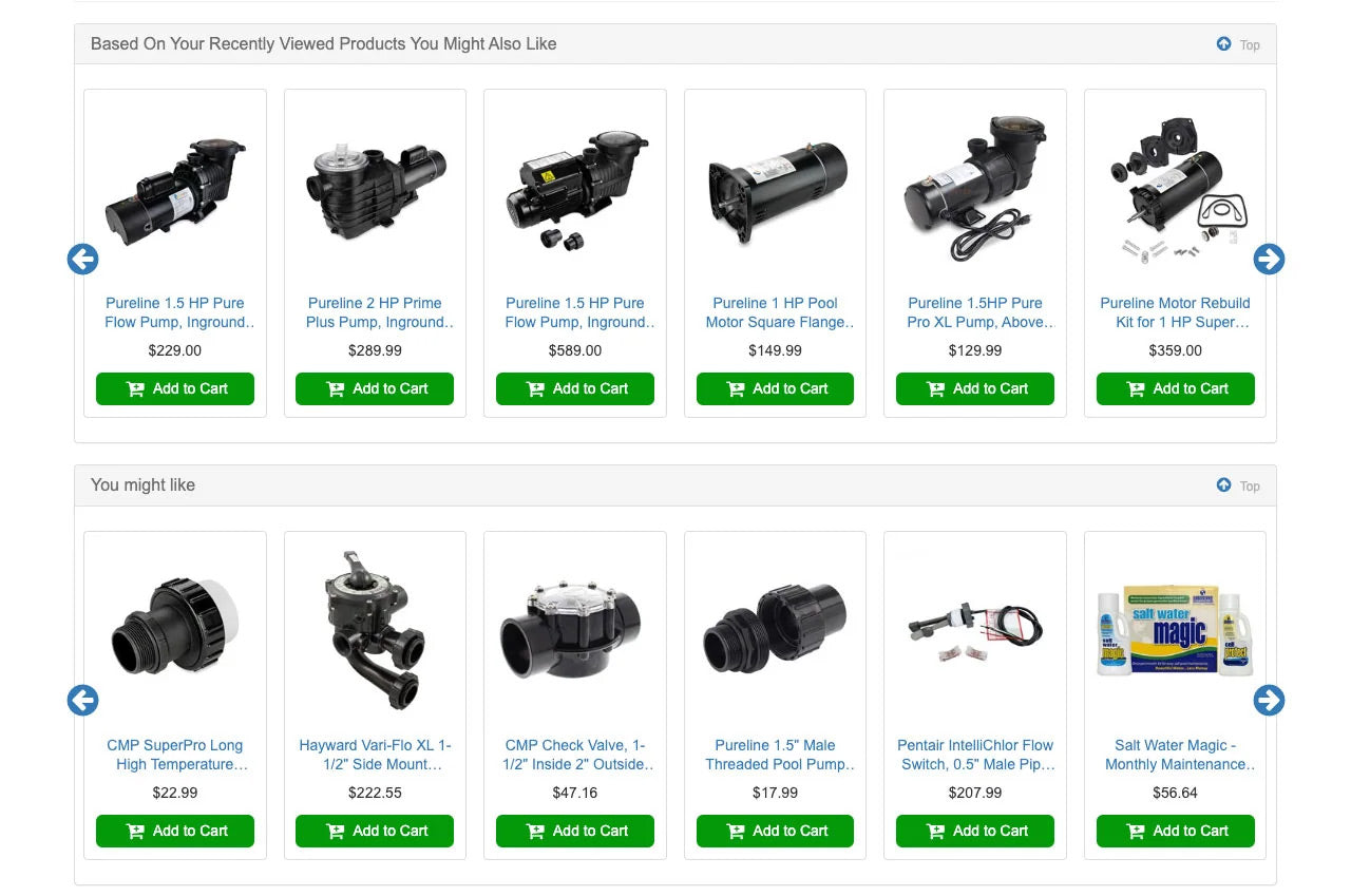 Related product recommendation section of inyopools.com product details page