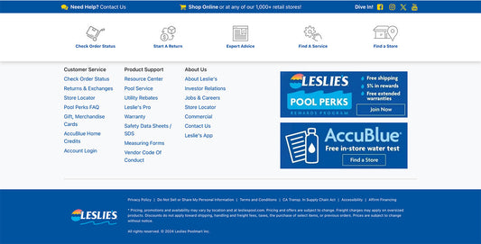 Footer section of lesliespool.com product details page