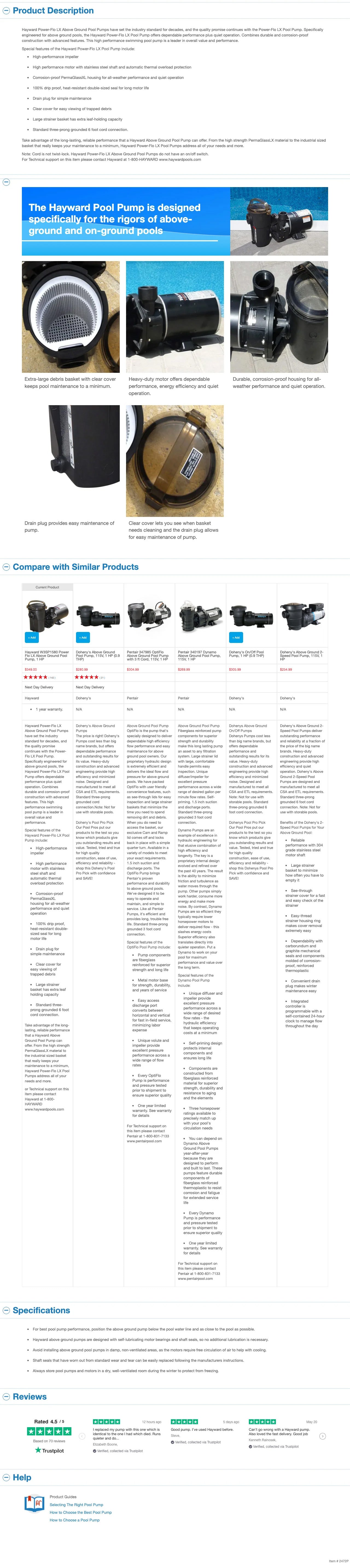 Extended product details content section of poolsuppliessuperstore.com product details page