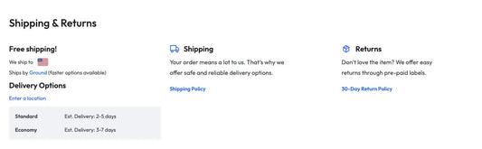 Shipping and returns info section of poolzoom.com product details page