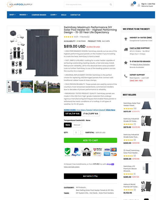 Product details card section of solarpoolsupply.com product details page