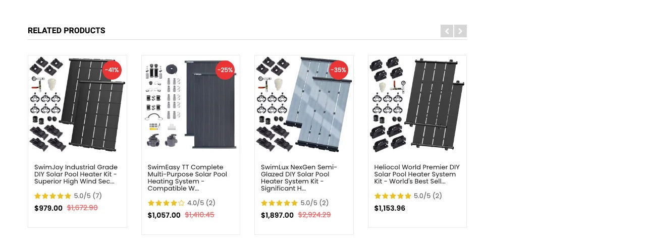 Related product recommendation section of solarpoolsupply.com product details page