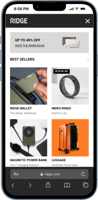 mega menu section example from ridge